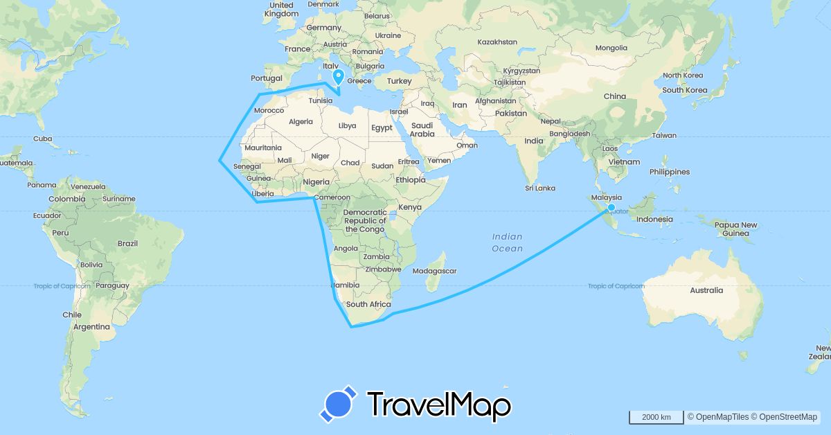 TravelMap itinerary: driving, boat in Australia, Italy, Nigeria, Singapore (Africa, Asia, Europe, Oceania)